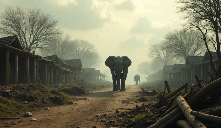 A devastated village with broken huts and trampled vegetation, the aftermath of an elephant rampage. In the distance, the elephant is seen walking away calmly, leaving destruction in its wake. The mood is somber, highlighting the uncontrollable power of su...