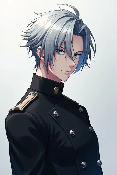 30-year-old male, Silver Hair, Hair covering one eye, Shiny Hair, blue eyes, Swordsman, Black military uniform, Character portrait, whole body, High resolution, Anime Style, 