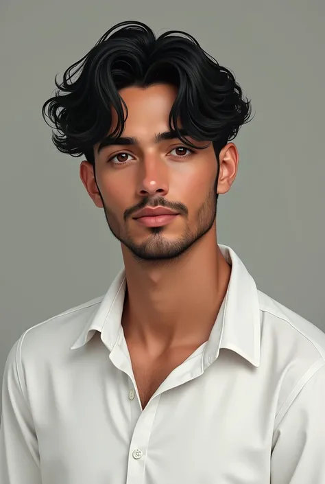 a brown boy with medium density short beard, black hair, attractive brown eyes, 
layer cut long hair, white shirt, slim face