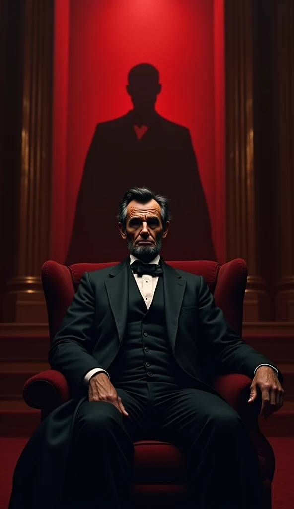 Abraham Lincoln sitting in Fords Theatre with dim lighting, while a shadowy figure approaches from behind, creating an intense and suspenseful atmosphere. Use dark red and black colors to enhance the feeling of danger. The shadow should be partially visibl...