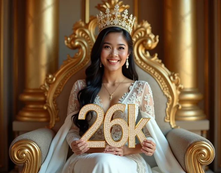 realistic photography. smiling young Indonesian woman in hijab wearing luxurious white royal dress and crown. sitting on a luxurious throne. along with lots of gold and diamond decorations. in his hand he holds a large number "26K FOLLOWERS" made of gold w...