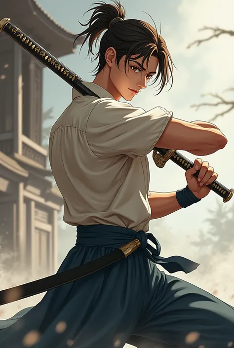 An anime man with brown hair and white skin, And a dual katana He is a man 