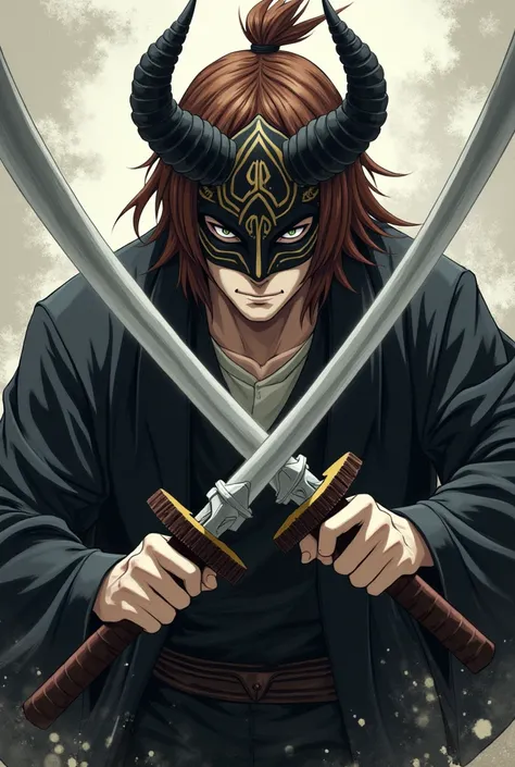 An anime man with brown hair and white skin, And a dual katana He&#39;s a man and a mask with two horns