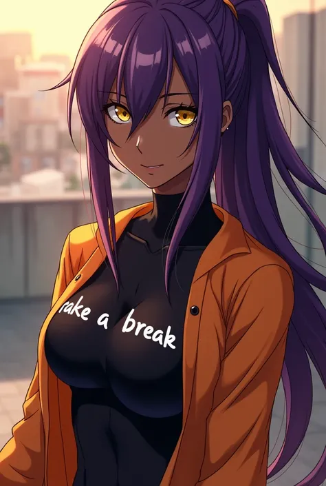 Yoruichi Shihoin, Yoruichi Shihoin, Long hair, (Yellow eyes:1.5), Ponytail, Purple hair, dark skin, ผู้หญิงdark skin, Take a break bodysuit, black leotard, Tight shirt under clothes, (Orange shirt:1.5), Long sleeves, Take a break outdoors, Take a break loo...