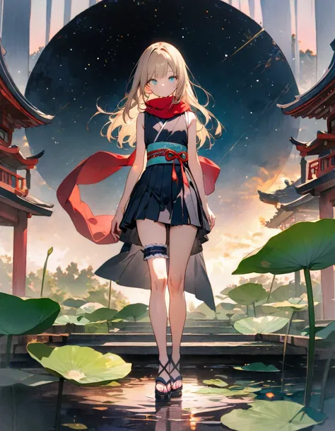 (8K, best quality, master piece: 1.2),watercolor painting,ultra-high resolution,1 girl,solo,16yo,ultra-detailed face,detailed eyes,Sleeveless ninja costume over fishnet Tank top,kimono obi,hakama short skirt,Bridal garter,red scarf,holding a Ninja star,Aqu...