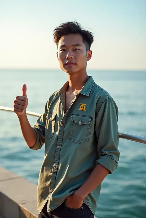 A young asia man wear a swag shirt outfits standing next the sea and make thumb fingers.