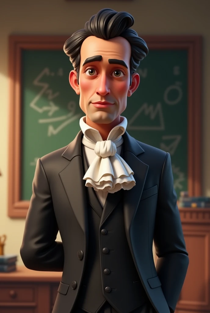  A cartoon character in fortnite style, similar to  Augustin-Louis Cauchy, a 19th-century French mathematician, dressed in formal clothing typical of his era. He is wearing a dark suit with a high-collared white shirt and a cravat. His hair is slightly cur...