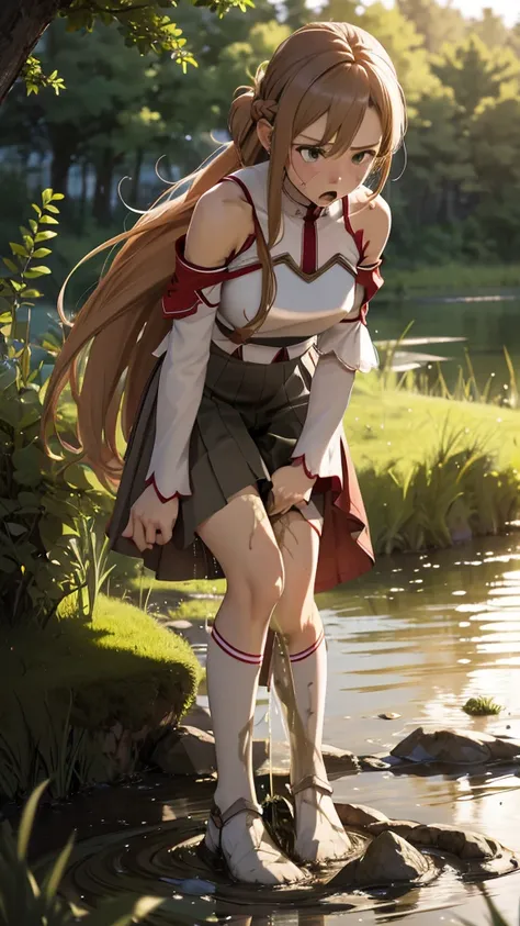 masterpiece, best quality, (realistic photo: 1.5), high-res,  detailed face, beautiful detailed eyes, asuna, long hair, brown hair, braid, brown eyes, bare shoulders, armor, breastplate, white sleeves, detached sleeves, red skirt, pleated skirt, white thig...