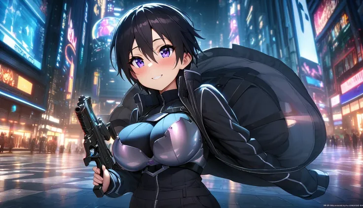 Kirito, Gun Gale Online Black Swordsman Costume Overturned Jacket Black Shirt Silver Breastplate Blushing Smile Super huge big breasts breast enlargement Purple Eyes A person stands alone in a sci-fi city looking at the camera and smiling full-body shotult...