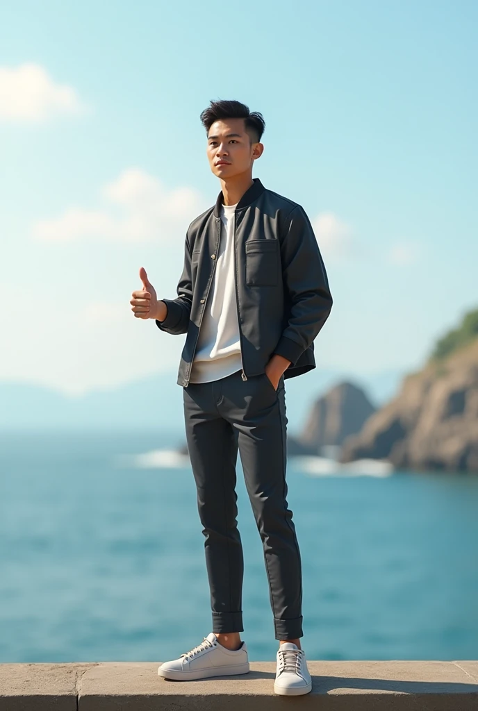 A young asia man wear a swag outfits standing next the sea and make thumb fingers.