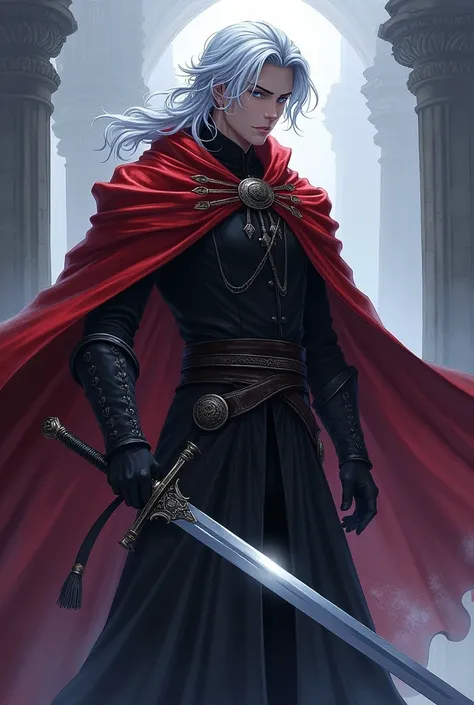 30-year-old male, Silver Hair, Hair covering one eye, Shiny Hair, blue eyes,Sword in right hand, Black Robe,Crimson Cloak,  Character portrait, whole body, High resolution, Fantasy World, Illustration, 