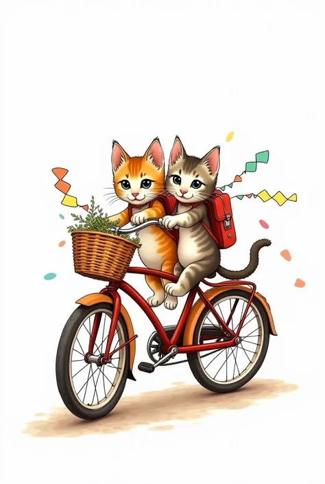 Kittens riding bicycle with backpack for colouring book white background
