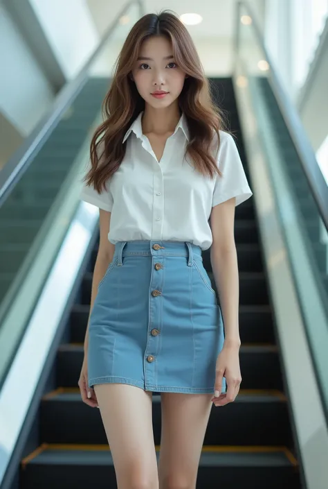 A beautiful Korean girl, 20 years old, Asian ins style, Long Wavy Light Brown Hair, Sexy slim muscular body, Long legs, Wide thigh gap, Sexy buttocks, Standing on the escalator,Looking up. She is wearing a white short-sleeved collared shirt， ((Blue Cotton ...