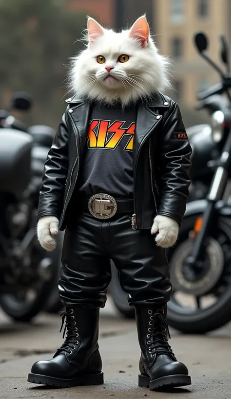 White Cat、A wicked look like a Yankee、The hair is fluffy、All black clothing、Wearing a black leather jean、Black chunky boots、black leather long pants、The dark grey printed T-shirt features the band Kiss.、The belt is also thick and silver.、There are a lot of...