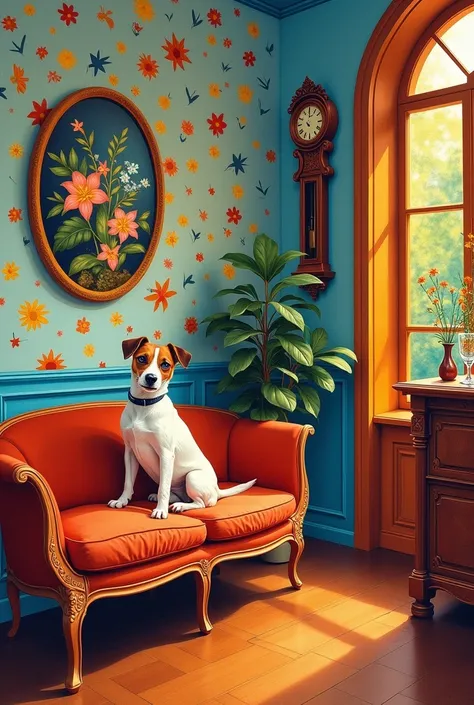 Créer une image, représentant un tableau style impressionniste comme le peintre Henry Matisse. imagine un grand salon de 3 murs, dont un mur avec des motifs floraux et un mur avec un bow-window à la décoration vintage 70s avec des couleurs vives et chaleur...