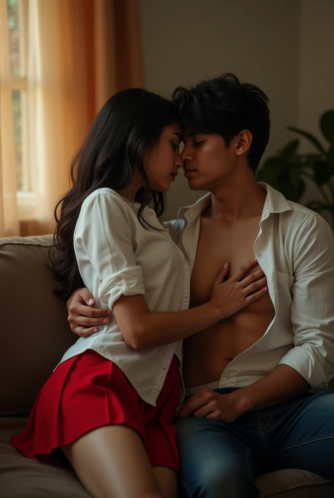 realistic ultra hd, cinematic, erotic, sensual sex, one indian boy and one indian girl, on the couch in their home. she is wearing white open shirt and mini red school skirt, man is grabbing and holding her breast, nsfw