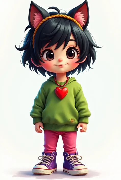 A child with black hair wearing a cat ear headband with a red heart necklace as a green outfit and pink pants with purple sneakers.