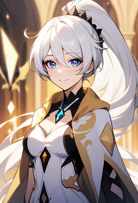 One girl, Kiana Kaslana (Lord of the End), Honkai Impact 3, ponytail, smile, (Very fine grain:1.37), (Diamond shaped iris:1.5)