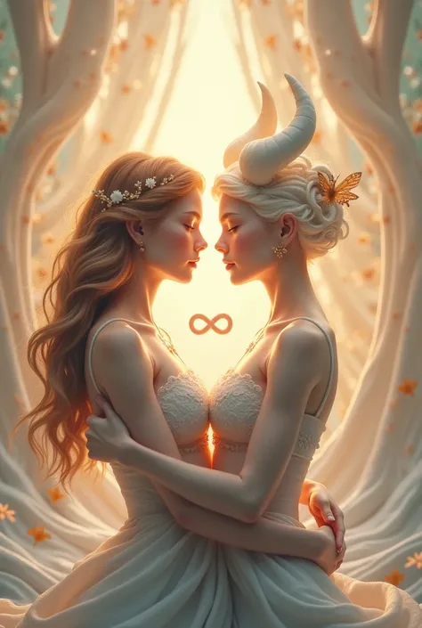 Make a very beautiful image that represents the union of the signs Taurus and Cancer. Com o símbolo do infinito ♾️ aparecendo em alguma parte da imagem . Representing an eternal bond in a couple. 
