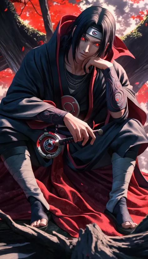 A hyper-realistic 3D portrait of Itachi Uchiha, standing amidst a serene, moonlit forest. His Sharingan eyes glow intensely, reflecting the moonlight. The forest is filled with towering ancient trees and a shimmering, ethereal mist.