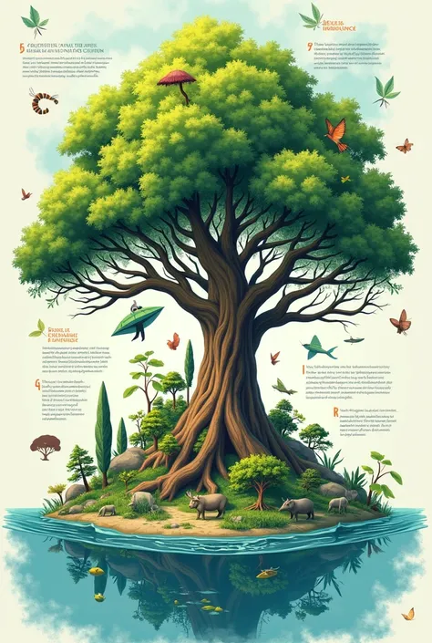 Infographic on the protection of natural resources with images of trees and terrestrial and aquatic animals and with more letters with a giant tree in the center