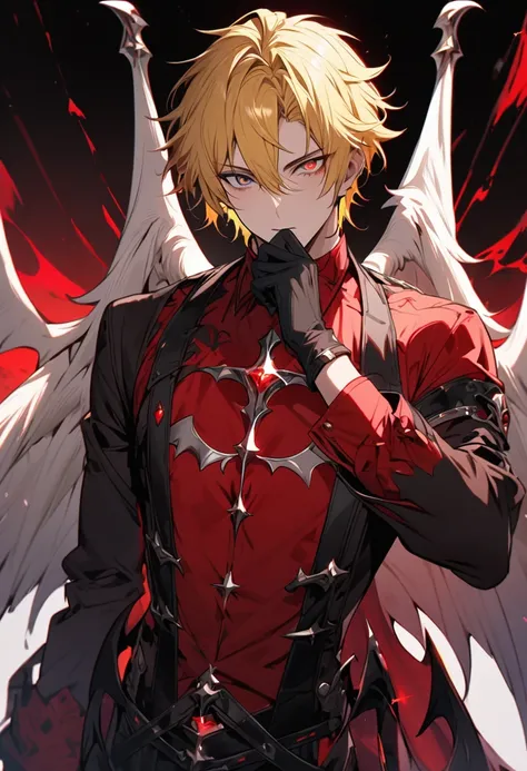 male, solo, handsome, black eyes, red dot in eyes, bold yellow  hair, white holo angel ring, devil wings, angel wings, black gloves, high detail, beautiful color, white and red blouse