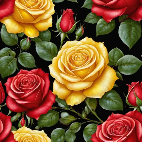 Masterpiece, best composition, best quality, seamless art, CG wallpaper, red and yellow rose pattern, amazing artwork.