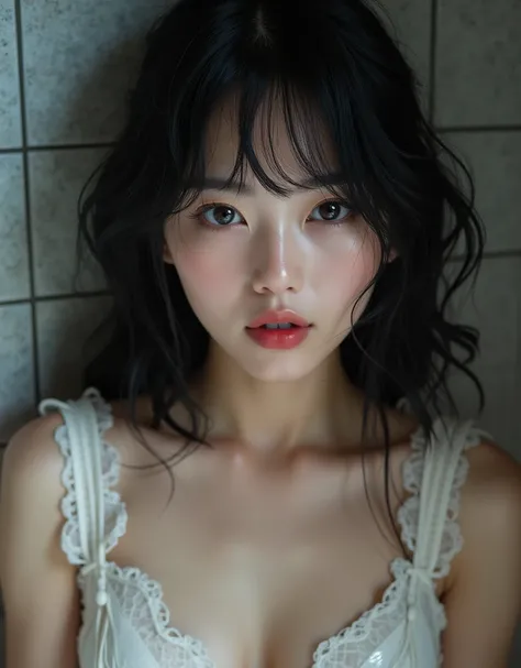 neat Japanese beauty wet nudist girl milky white and beautiful soft skin black hair medium straight hair style small face modest and thin upper lip wet mouth accurate attractive body shape bust size is normal clearly neck on choker pupils is dark blue spre...