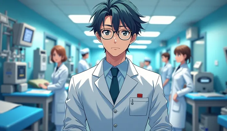 Please create an anime of male young attractive doctor and have glasses in general ward of a hospital having ECG machine,beds and oxygen cylinders and background nurses