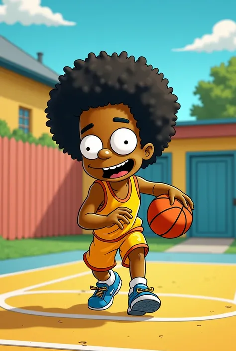 Boy with afro playing basketball  the simpsons style animation