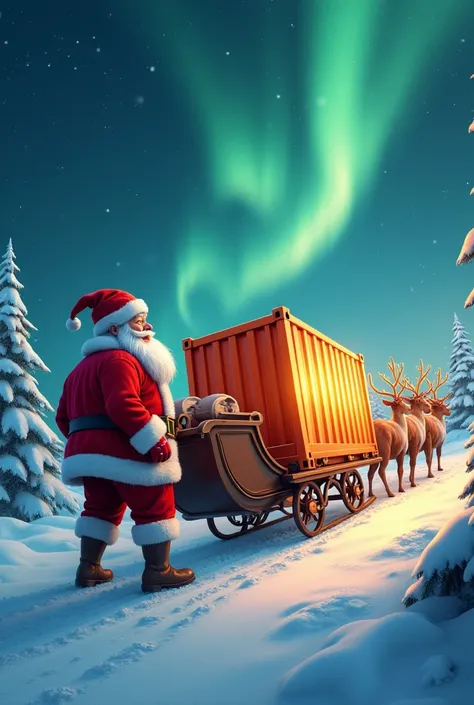 Santa Claus carrying an orange import container on his sleigh 

