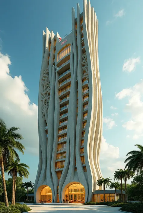 A 6-story hotel that is shaped like palm trees or resembles them less animalistically