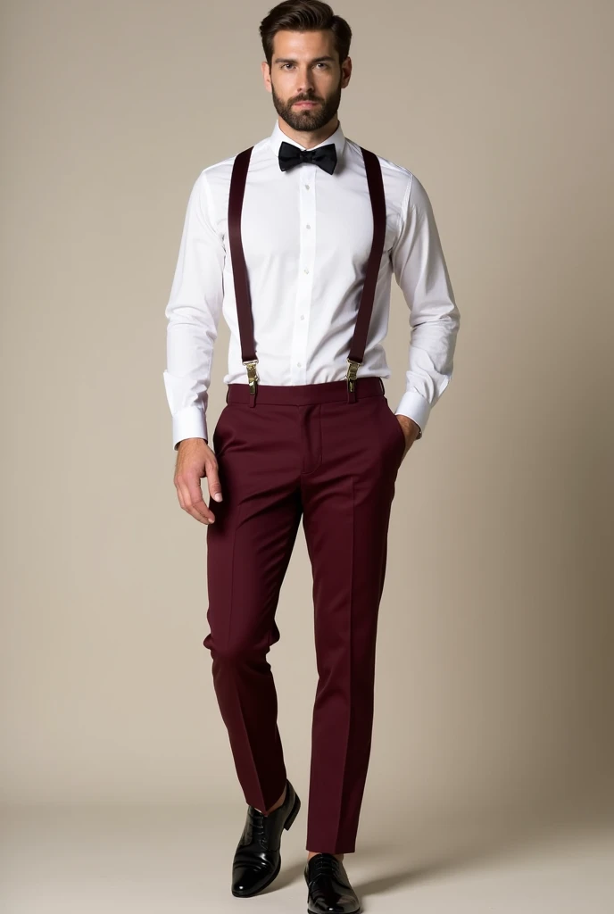 Photo of man dressed in black shoes, burgundy pants, White shirt, burgundy suspenders and black bow tie.