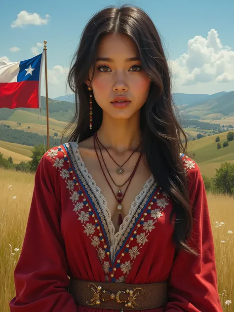 masterpiece, best quality, 8k, una hermosa chica vestida de huasa in a countryside environment with a Chilean flag, perfect face, expresive eyes