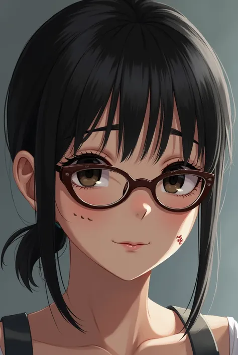 Create a girl wearing brown cat eye glasses 
, 3 small scars in her fore head, one in middle other next to it and another next to it kinda big compared to other black hair and eye, square face, hair tied, no bangs, small beauty mark one above right eyebrow...