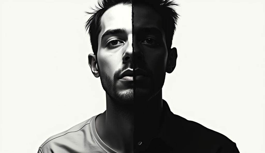 Create a divided man, with black and white colors in a creative way, I want the images to split showing a choice