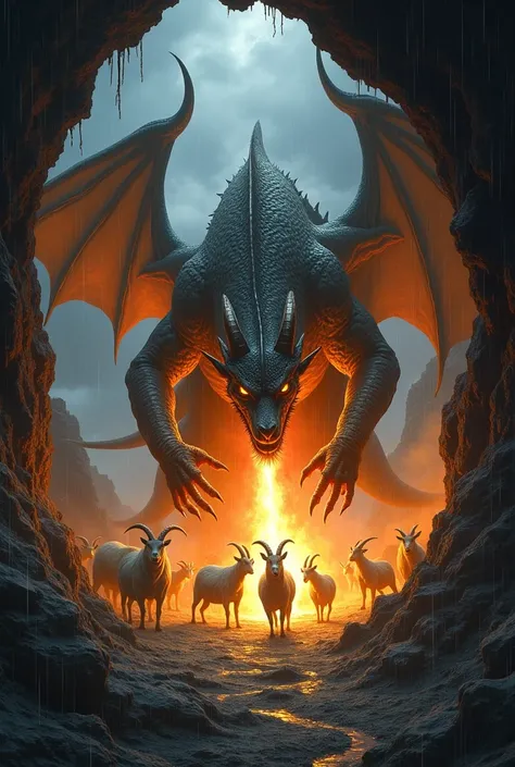 Despite the cruelty of the storm, Amber opened the door to the cave using her fire breath and took the goats to a safe place. Dragon abomination