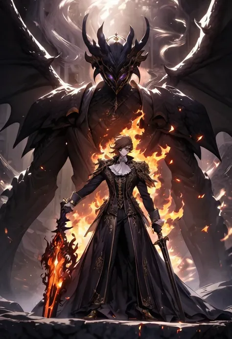 
"Create a powerful human figure with large, black dragon wings, standing tall. The person has brown hair and wears an elegant, aristocratic outfit that conveys nobility and power. Their face is obscured by a mysterious mask, adding an enigmatic aura. The ...