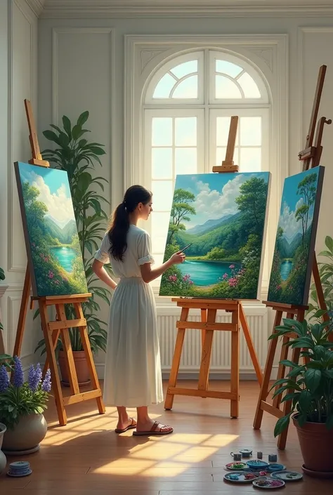 A painting gallery with four painting easels and oil and pastel tools, which is orderly and only a female painting master is painting nature wallpaper. 