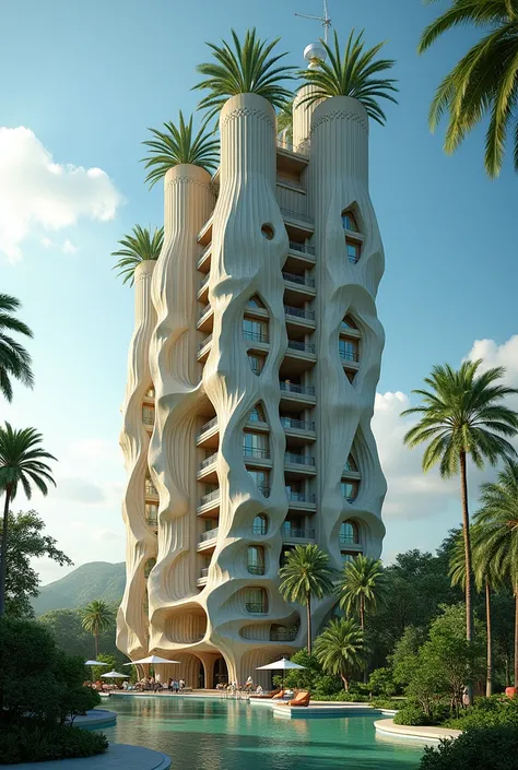 A 6-story hotel that is shaped like palm trees or resembles them less animalistically