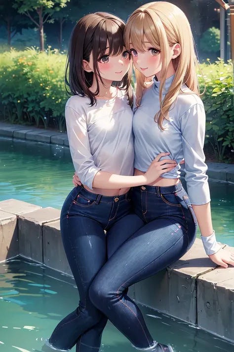 8k , masterpiece,best quality,ultra detailed, 2 female, blush, smile , Cute girl anime visuals, Beautiful Anime Girls, Smooth anime CG art, Official artwork, Fascinating anime , ((pantyhose under dark jeans ,Small Ass , slim body,a girl kissing a girl, par...