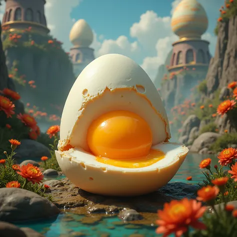 Imagine a boiled avian embryo, that is, a hard-boiled egg with an incredible background 