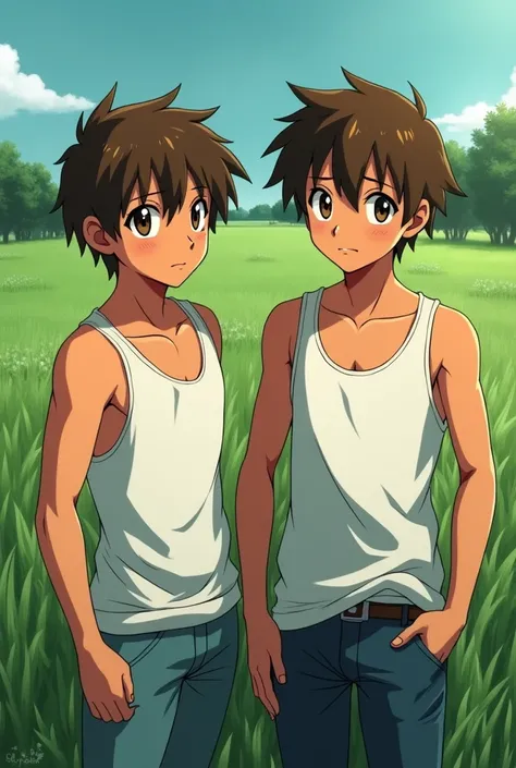 2 male, High resolution, Brown Hair, Slanted Eyes, Gaze, White tank top,Denim pants,  Tanned dark skin, Anime Style, Character portrait, Background is grassland