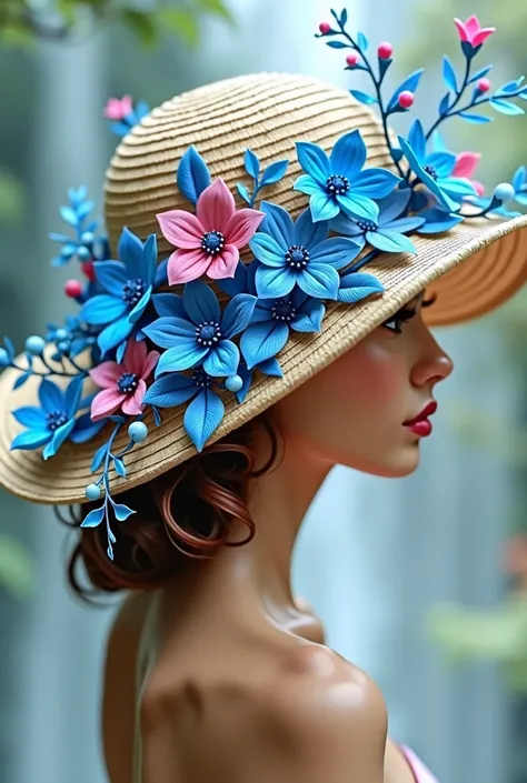 Blue and orchid flower design Make it around the hat like hanging flowers from a vine. It hanging edge of the hat