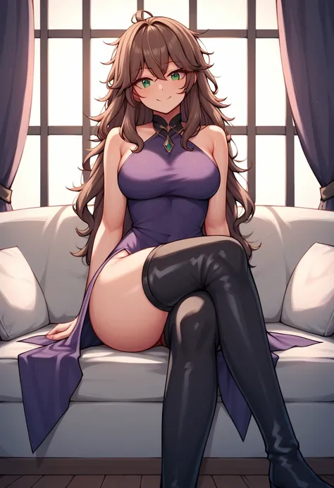 score_9, score_8_up, score_7_up, score_6_up, score_5_up, score_4_up, source_anime, 1girl,lisadef, upper body, sexy smile, brown hair, long hair, green eyes, messy hair, purple dress, black thigh high boots, crossed legs, sofa, sit, room, looking at the vie...