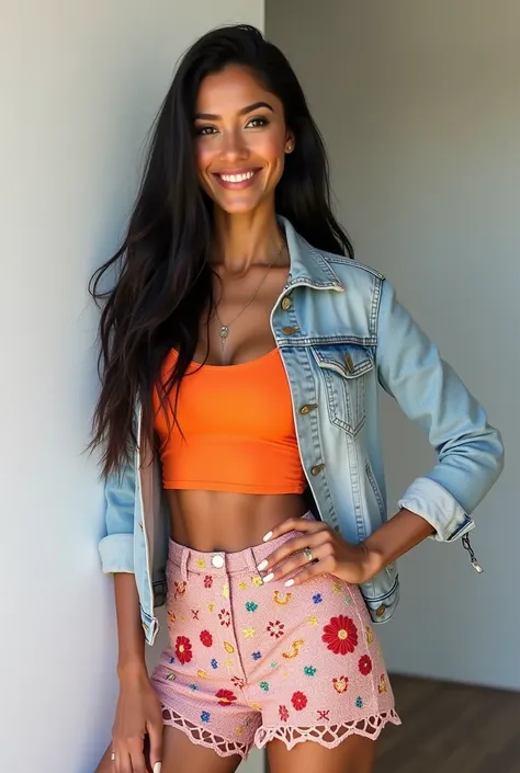 Age: Approximately 40 years old
Hair: Long, straight black hair
Skin Tone: Light to medium
Expression: Smiling confidently
Outfit:
Top: Bright orange crop top, showcasing her midriff
Jacket: Light denim jacket worn over the crop top
Skirt: Pastel pink croc...