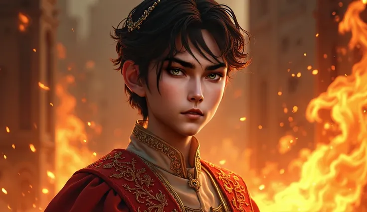 a young prince in ancient times, fire magic, cool and stunning, fantasy medieval oil painting, beautiful detailed eyes, beautiful detailed lips, extremely detailed face and features, long eyelashes, ornate royal clothing, dramatic lighting, dynamic pose, c...