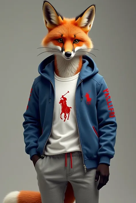  un renard habillé avec un jogging ralphoraine gris, un t-shirt ralphoraine blanc et un suite zippé ralphoraine bleu avec le logo ralphoraine rouge, they wear