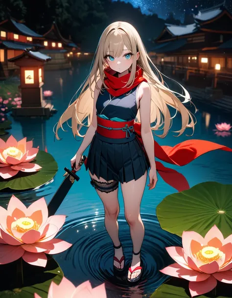 (8K, best quality, master piece: 1.2),ultra-high resolution,1 girl,solo,16yo,ultra-detailed face,detailed eyes,holding a Ninja star,Sleeveless ninja costume over fishnet Tank top,kimono obi,hakama short skirt,cyan Bridal garter,red scarf,cyan eyes,mascara,...