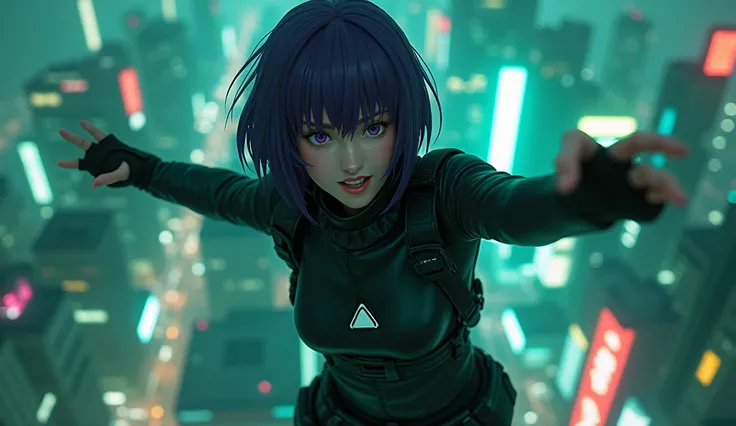 ((Ghost in the Shell Sac_Motoko Kusanagi from 2045,Ultra-high-definition Real 3D cG graphics of Kusanagi Motoko from the anime 攻殻機動隊、Motoko Kusanagi)))Purple Hair, Purple Eyes,Beautifully detailed eyes and mouth, Breathtakingly detailed and realistic skin,...